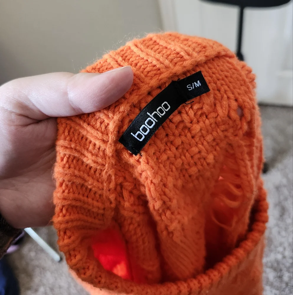 Boohoo Bright Orange Cable Knit Sweater Distressed Details S/M